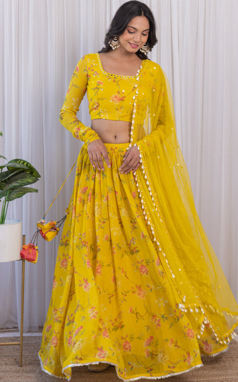 Arti Chauhan Mustard Floral Printed Georgette Mirrorwork Lehenga