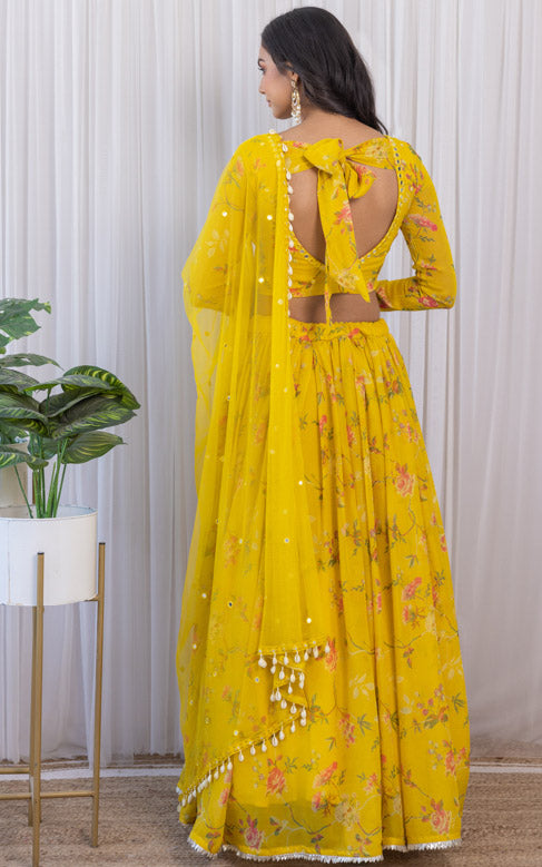 Arti Chauhan Mustard Floral Printed Georgette Mirrorwork Lehenga