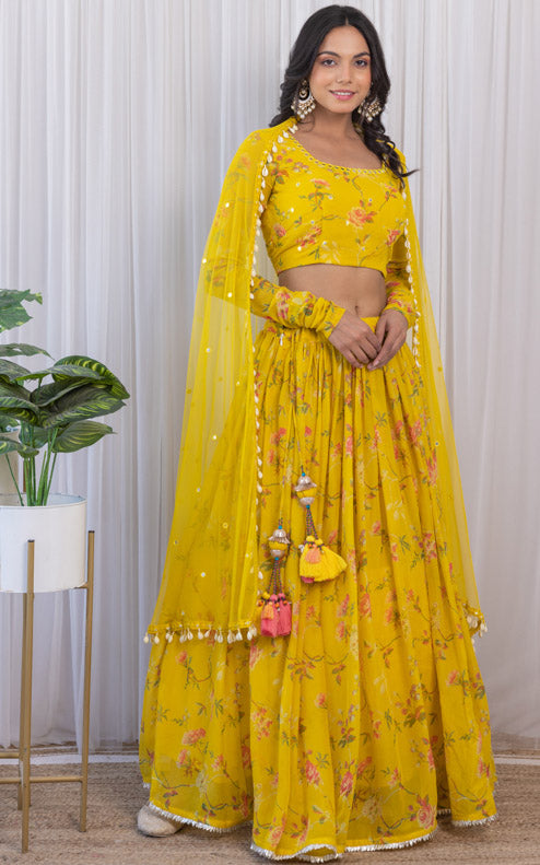 Arti Chauhan Mustard Floral Printed Georgette Mirrorwork Lehenga