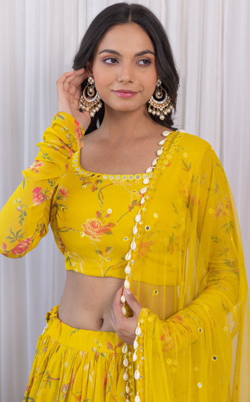 Arti Chauhan Mustard Floral Printed Georgette Mirrorwork Lehenga