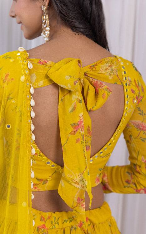 Arti Chauhan Mustard Floral Printed Georgette Mirrorwork Lehenga