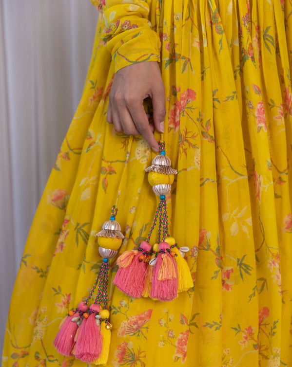 Arti Chauhan Mustard Floral Printed Georgette Mirrorwork Lehenga