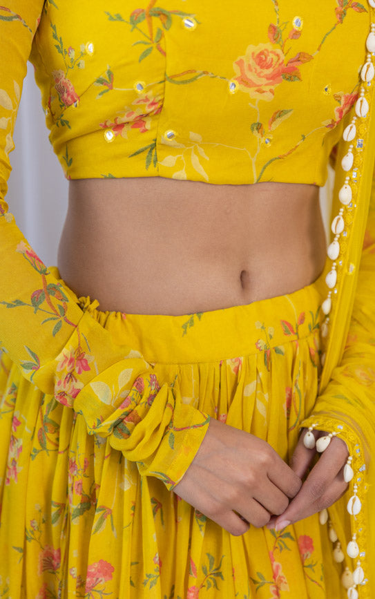 Arti Chauhan Mustard Floral Printed Georgette Mirrorwork Lehenga