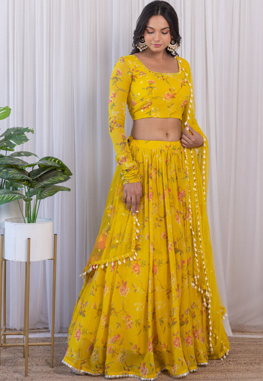 Arti Chauhan Mustard Floral Printed Georgette Mirrorwork Lehenga
