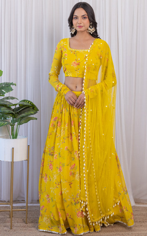 Arti Chauhan Mustard Floral Printed Georgette Mirrorwork Lehenga