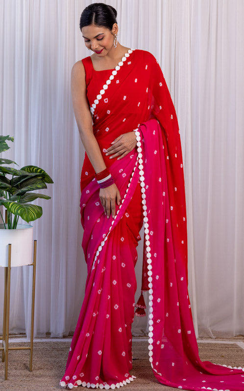 Gurleen Gambhir Red-Pink Georgette Bandhej Saree