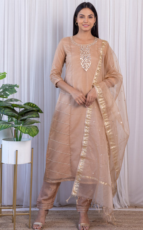 Fenil Umrigar Beige Organza Mirrorwork Kurta Set