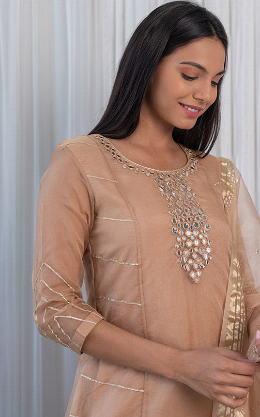 Fenil Umrigar Beige Organza Mirrorwork Kurta Set