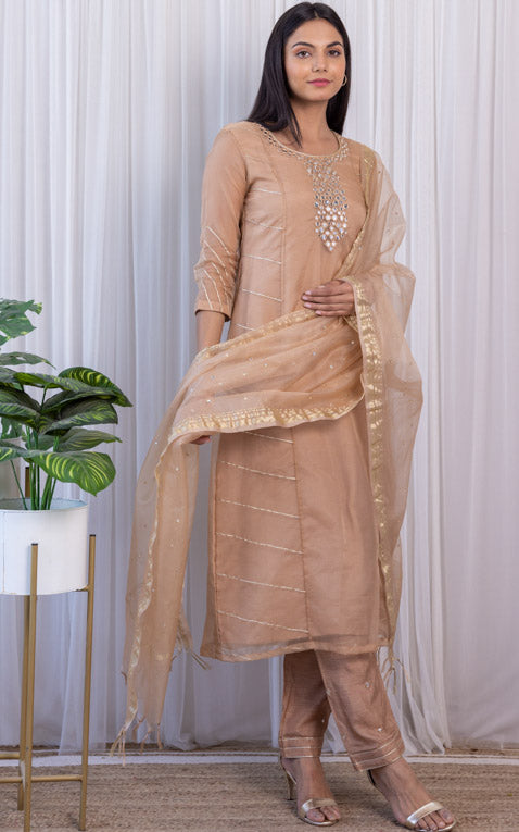 Fenil Umrigar Beige Organza Mirrorwork Kurta Set