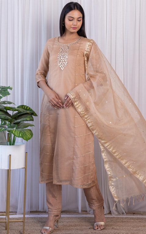 Fenil Umrigar Beige Organza Mirrorwork Kurta Set