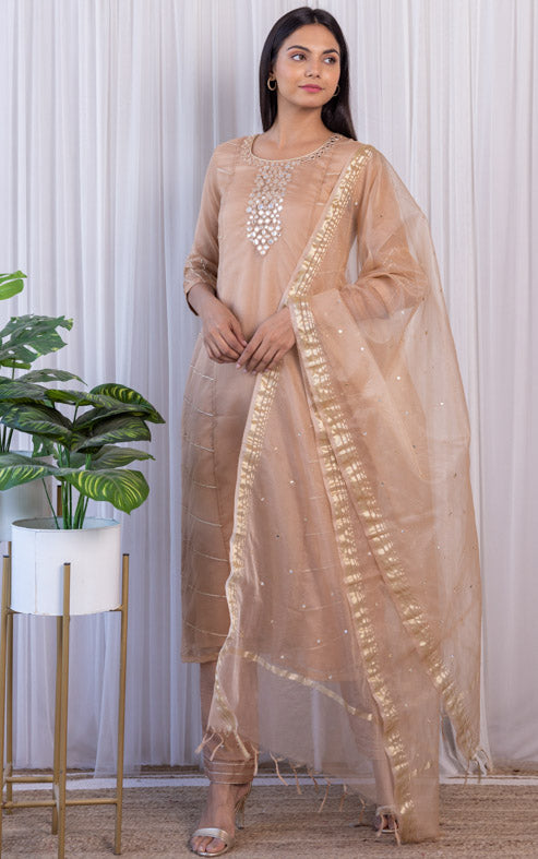 Fenil Umrigar Beige Organza Mirrorwork Kurta Set