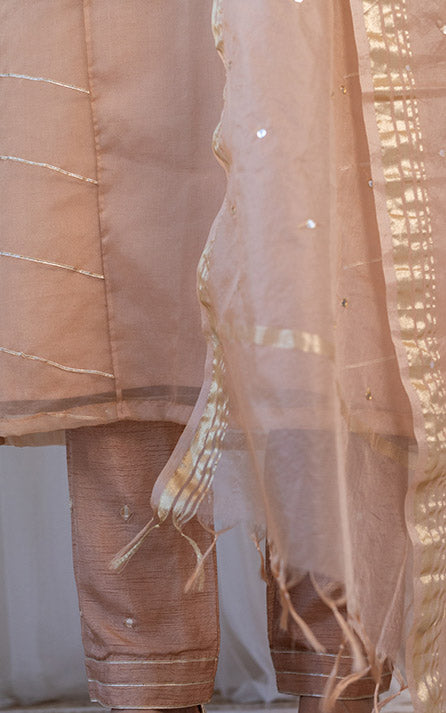 Fenil Umrigar Beige Organza Mirrorwork Kurta Set