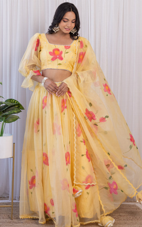 Yellow Handpainted Mirrorwork Organza Lehenga