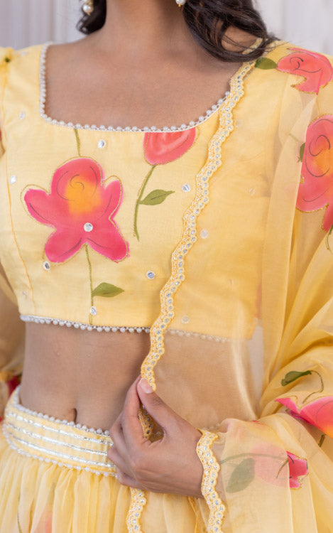 Yellow Handpainted Mirrorwork Organza Lehenga