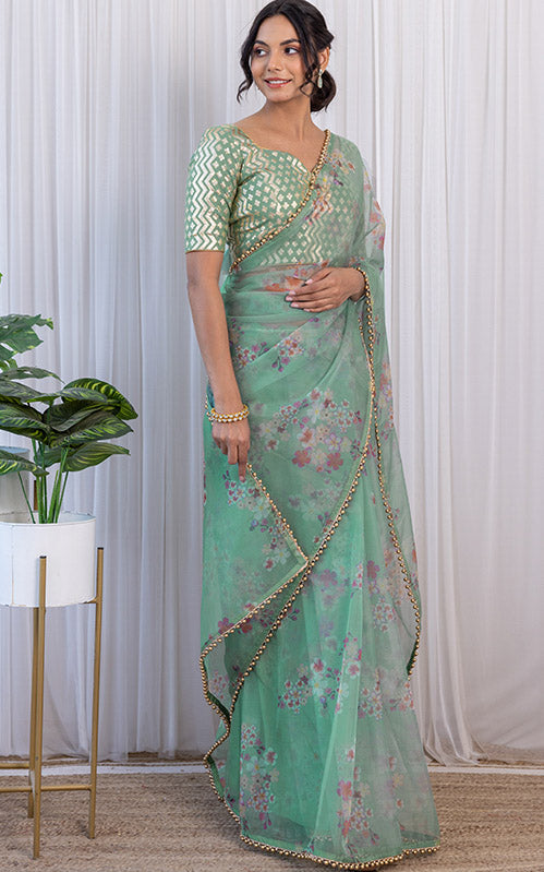 Shafaq Naaz Sage Green Floral Organza Saree