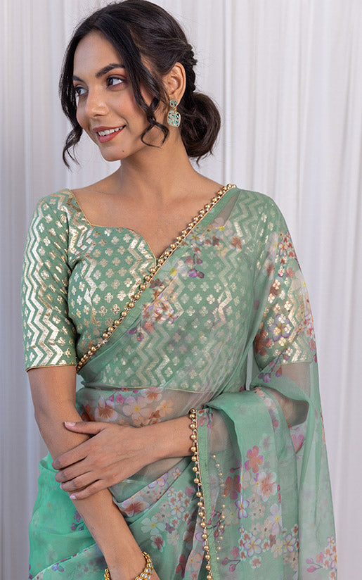Shafaq Naaz Sage Green Floral Organza Saree