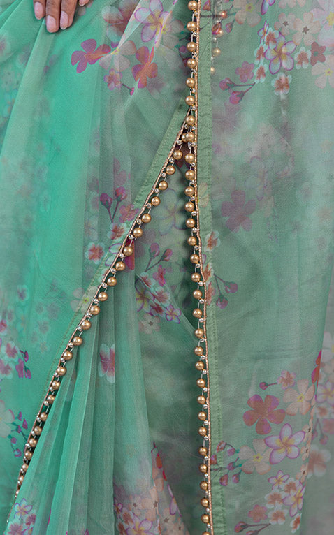 Shafaq Naaz Sage Green Floral Organza Saree