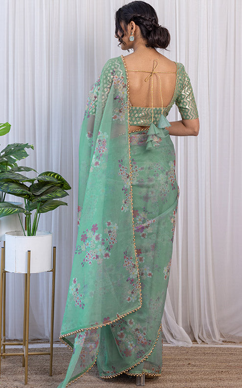 Shafaq Naaz Sage Green Floral Organza Saree
