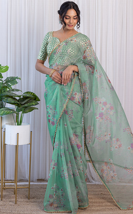 Shafaq Naaz Sage Green Floral Organza Saree