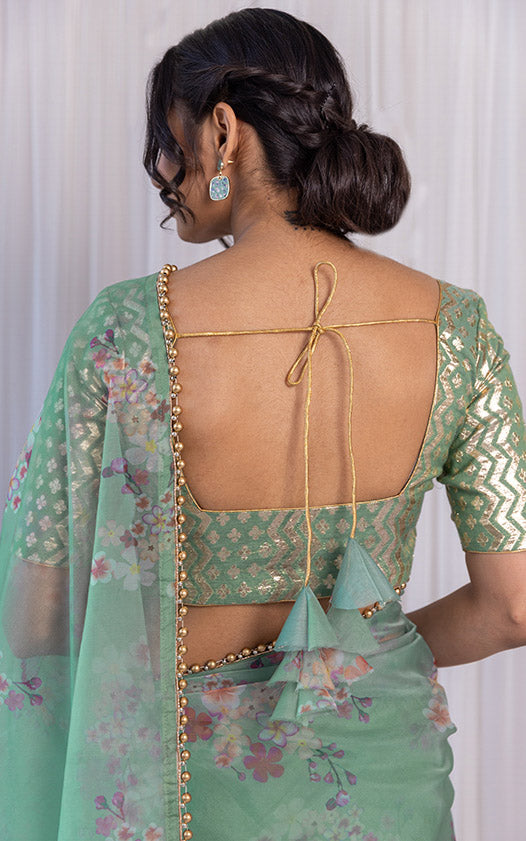 Shafaq Naaz Sage Green Floral Organza Saree