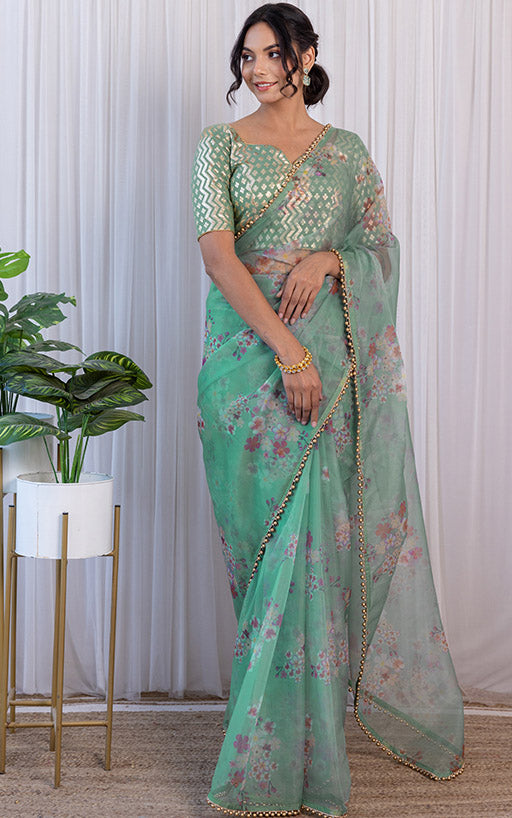 Shafaq Naaz Sage Green Floral Organza Saree