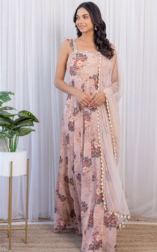 Mallika Singhania Sepia Printed Georgette Mirrorwork Anarkali