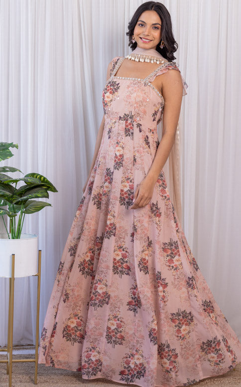 Mallika Singhania Sepia Printed Georgette Mirrorwork Anarkali