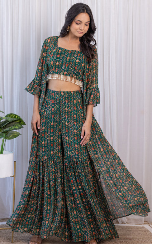 Vishakha Bottle Green Printed Georgette Crop-Top & Sharara Set