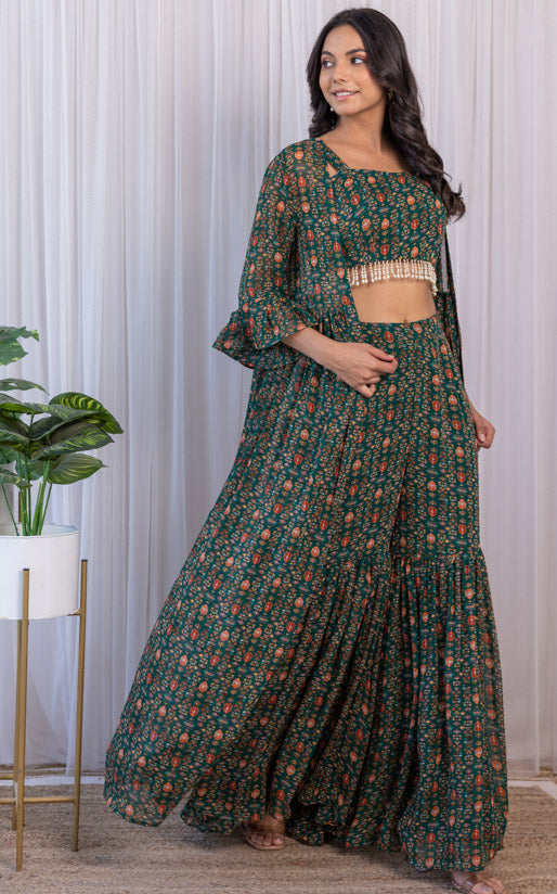 Vishakha Bottle Green Printed Georgette Crop-Top & Sharara Set