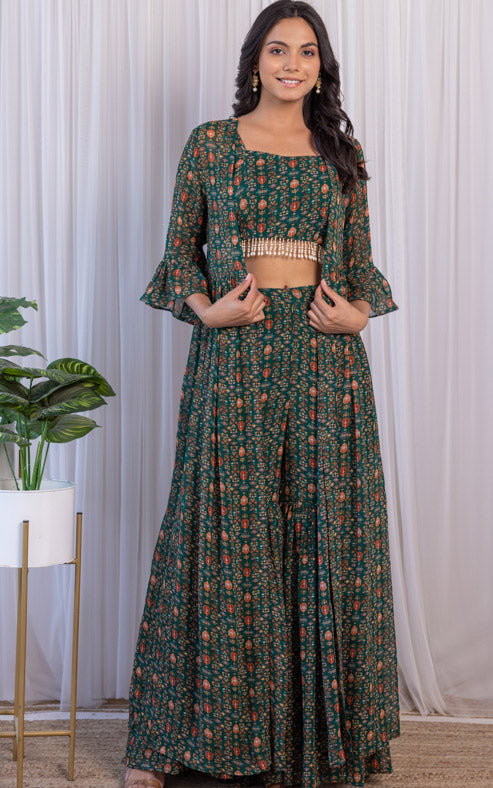 Vishakha Bottle Green Printed Georgette Crop-Top & Sharara Set