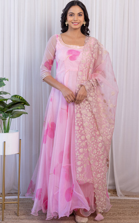 Helly Shah Pink Petal Organza Anarkali With Dori Work Organza Dupatta