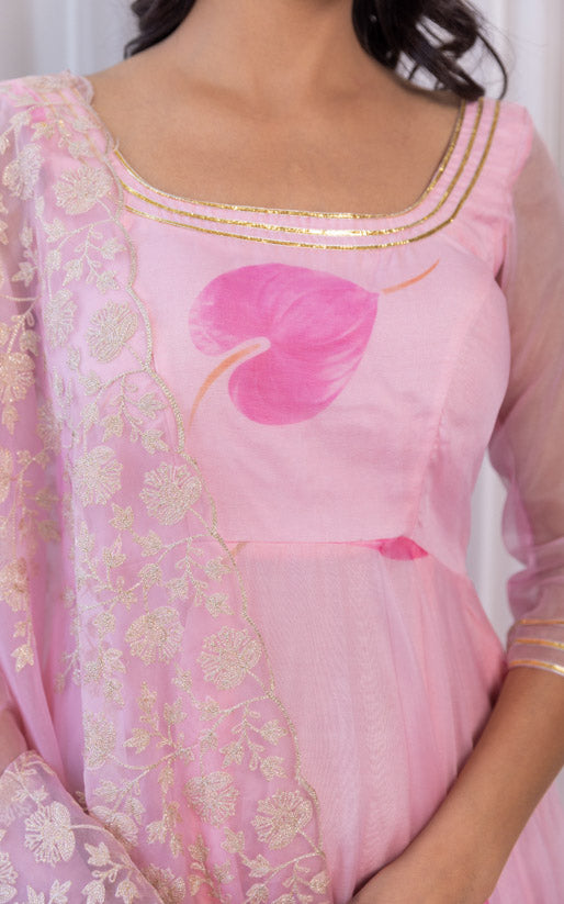 Helly Shah Pink Petal Organza Anarkali With Dori Work Organza Dupatta