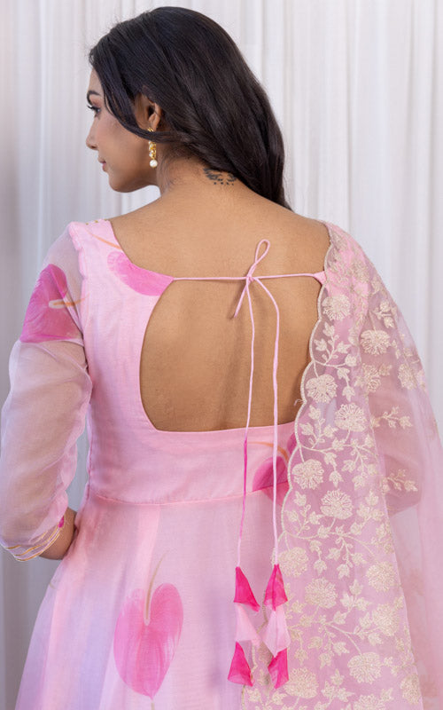 Helly Shah Pink Petal Organza Anarkali With Dori Work Organza Dupatta