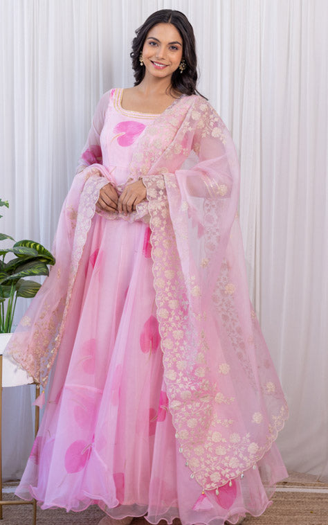 Helly Shah Pink Petal Organza Anarkali With Dori Work Organza Dupatta