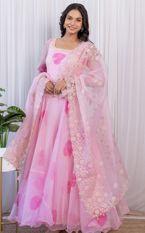 Helly Shah Pink Petal Organza Anarkali With Dori Work Organza Dupatta
