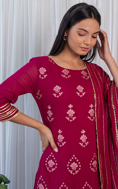 Wine Gota Foil Kurta Set with Mukaish Dupatta