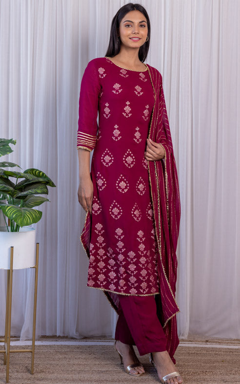 Wine Gota Foil Kurta Set with Mukaish Dupatta