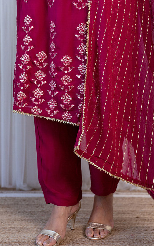 Wine Gota Foil Kurta Set with Mukaish Dupatta