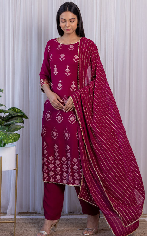Wine Gota Foil Kurta Set with Mukaish Dupatta
