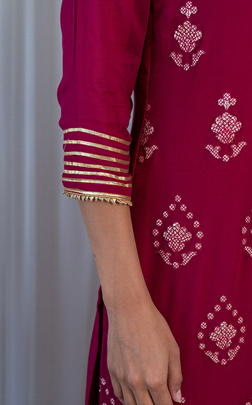 Wine Gota Foil Kurta Set with Mukaish Dupatta