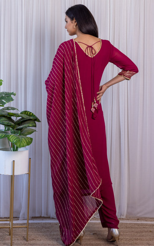 Wine Gota Foil Kurta Set with Mukaish Dupatta