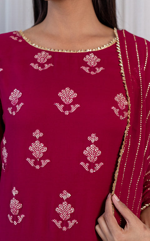 Wine Gota Foil Kurta Set with Mukaish Dupatta