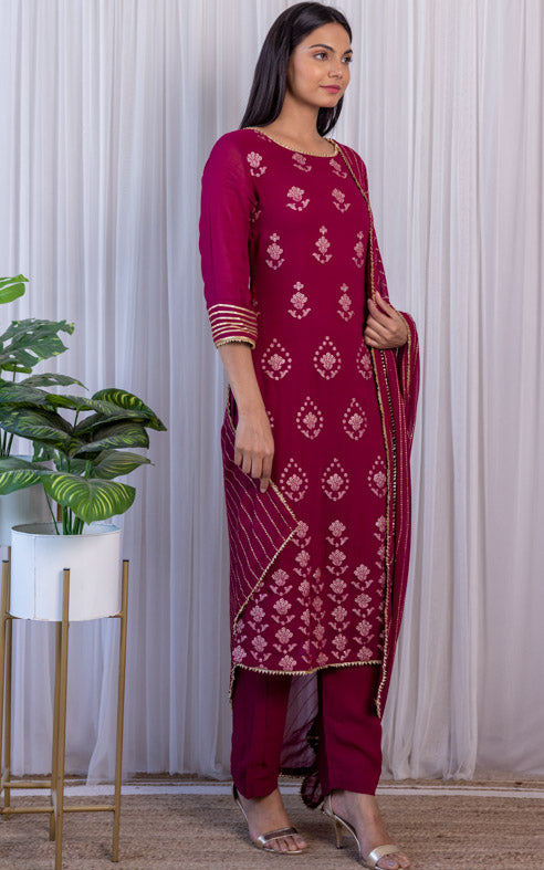 Wine Gota Foil Kurta Set with Mukaish Dupatta