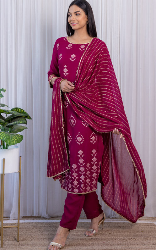Wine Gota Foil Kurta Set with Mukaish Dupatta