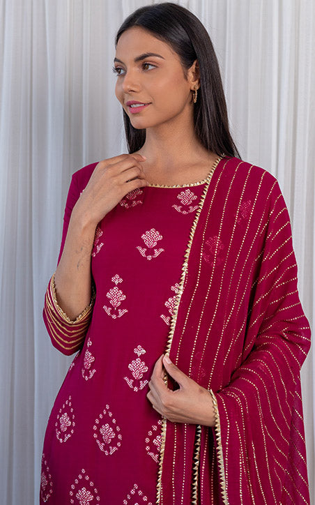 Wine Gota Foil Kurta Set with Mukaish Dupatta
