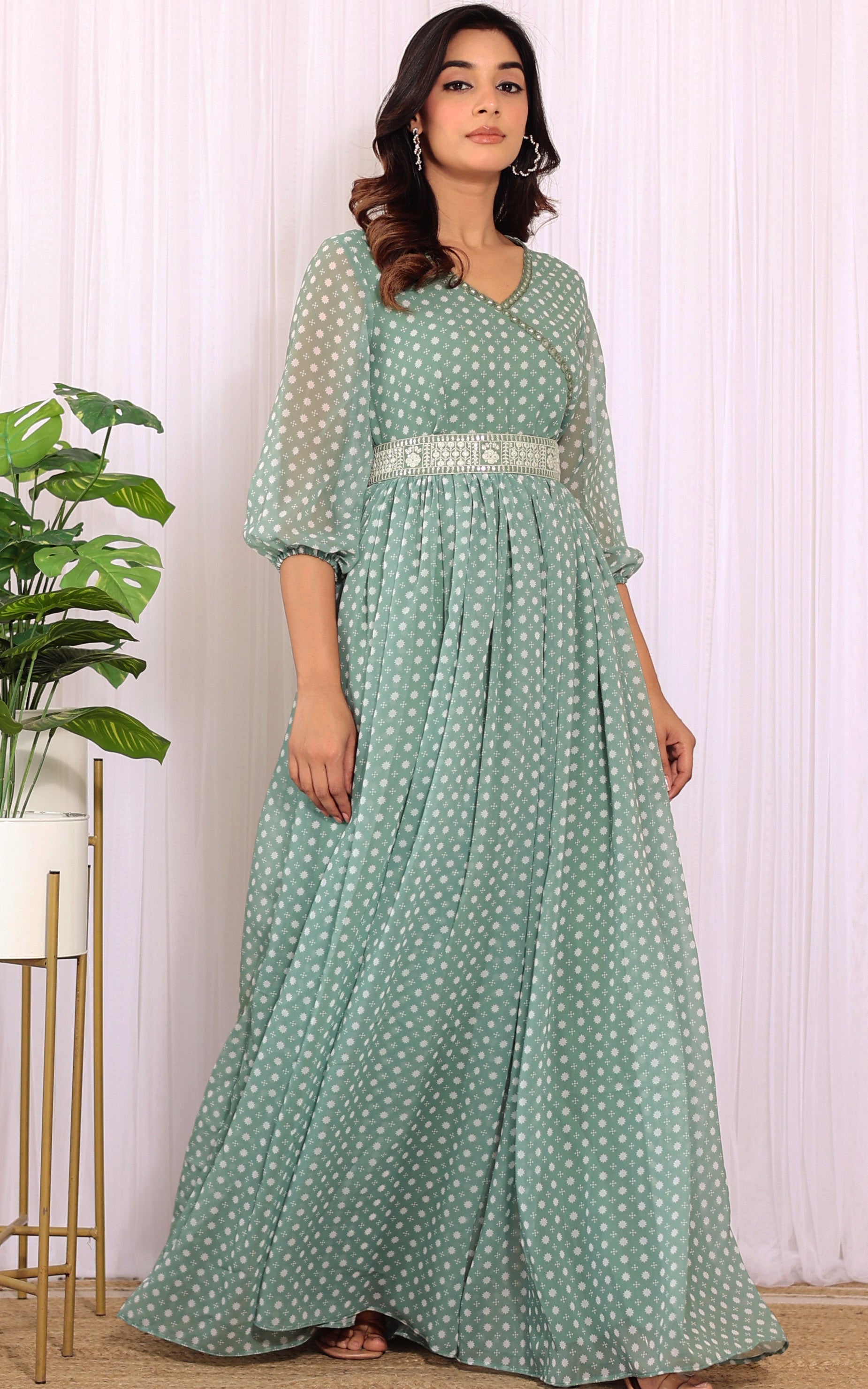 Sage Green Mirrorwork Printed Georgette Jumpsuit