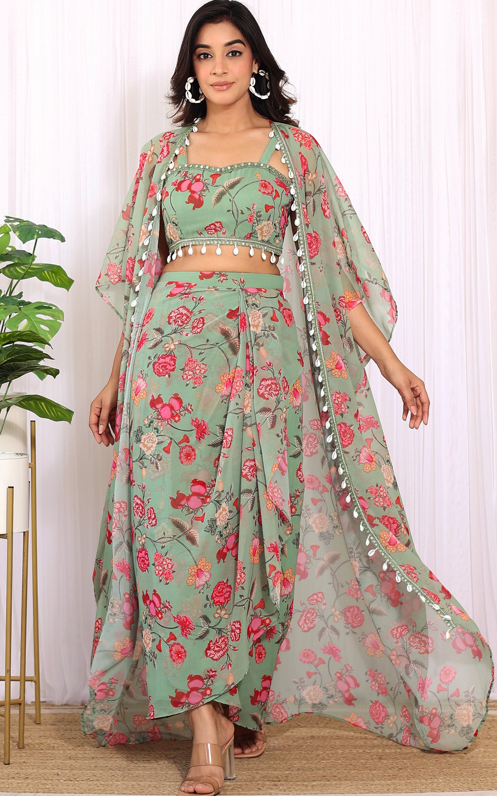 Sonal Forest Green Georgette Crop Top & Draped Skirt Co-ord Set