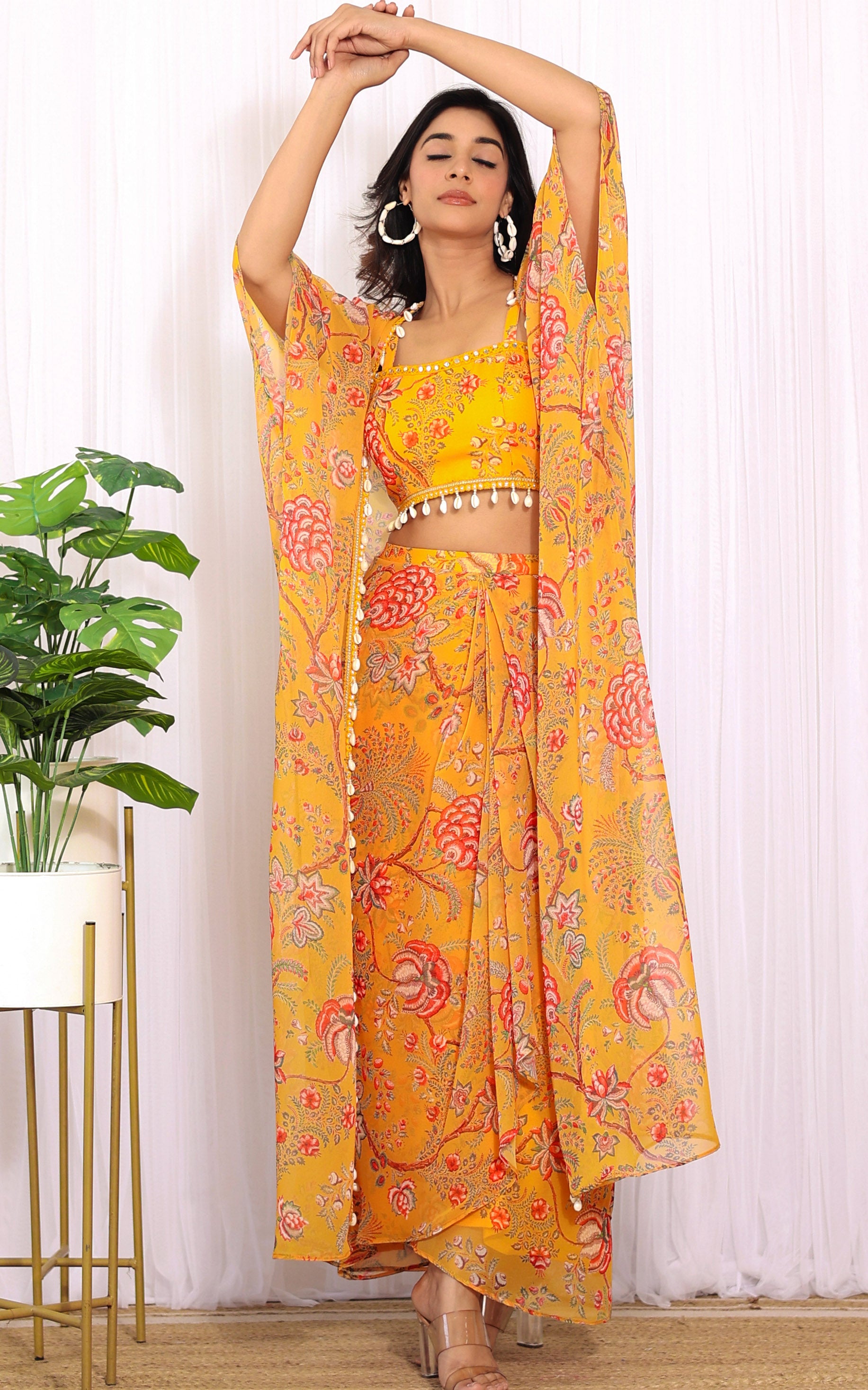 Niharika Mustard Floral Printed Georgette Crop Top & Draped Skirt Co-ord Set