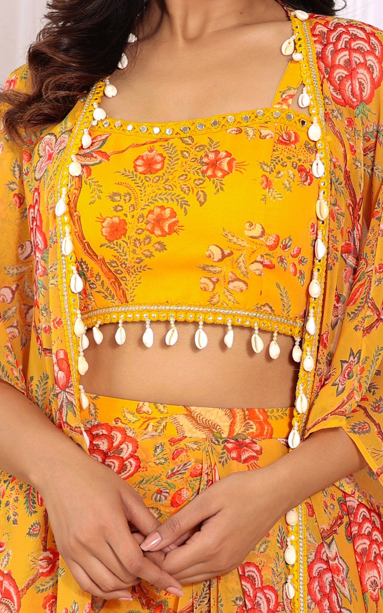 Niharika Mustard Floral Printed Georgette Crop Top & Draped Skirt Co-ord Set