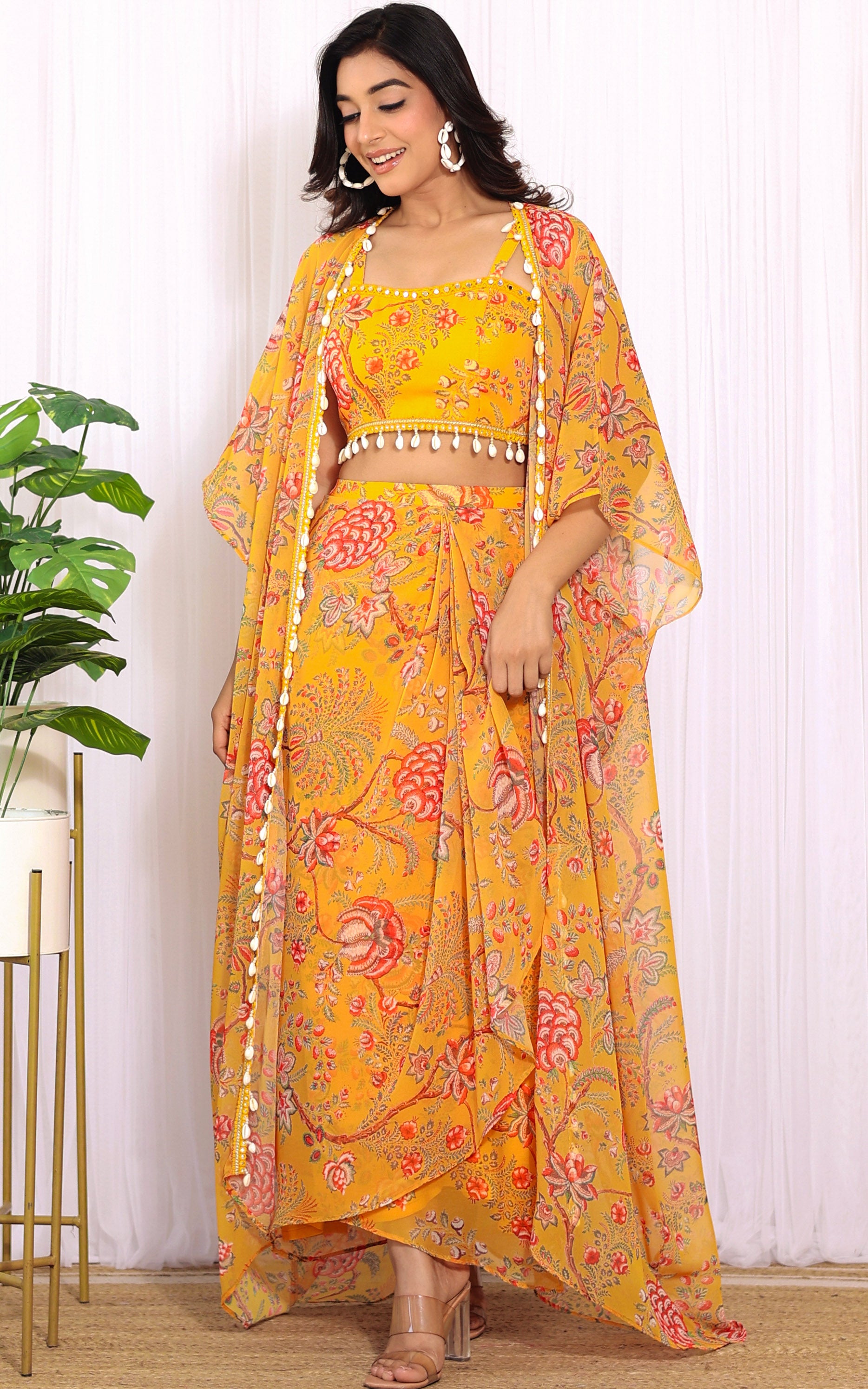 Niharika Mustard Floral Printed Georgette Crop Top & Draped Skirt Co-ord Set
